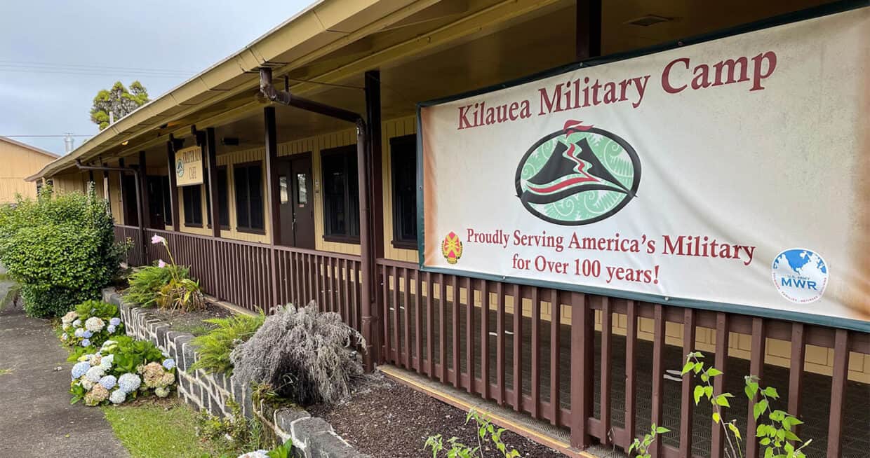 Kilauea Military Camp sign in front of a building in Hawaii