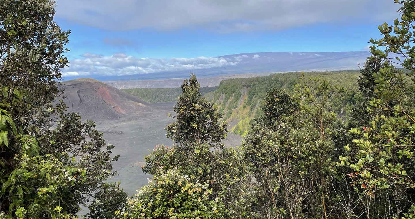 Overlooking the volcano crater on a hike in the National Park