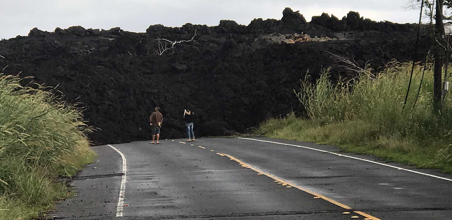 Road near Puna blocked by Lava from a recently eruption.