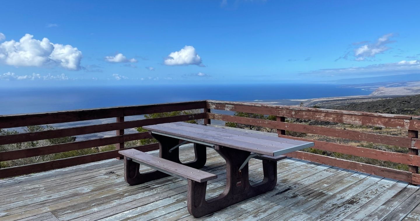 Picnic table on the Kealakomo Overlook off of Chain of Craters Road in Hawaii