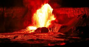 Lava fountains erupt from Halemaʻumaʻu crater in Hawaiʻi Volcanoes National Park, Big Island, Hawaii.