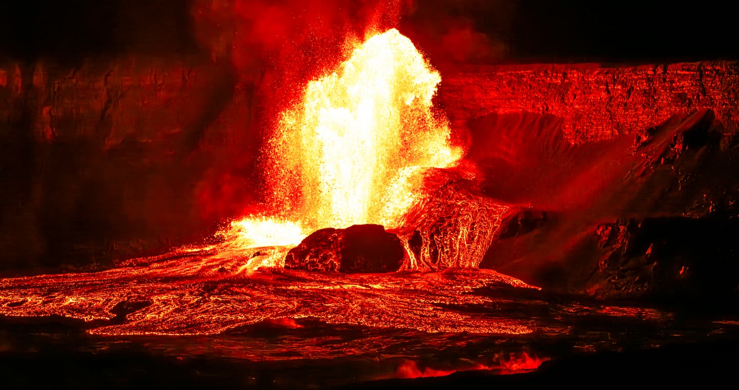Lava fountains erupt from Halemaʻumaʻu crater in Hawaiʻi Volcanoes National Park, Big Island, Hawaii.